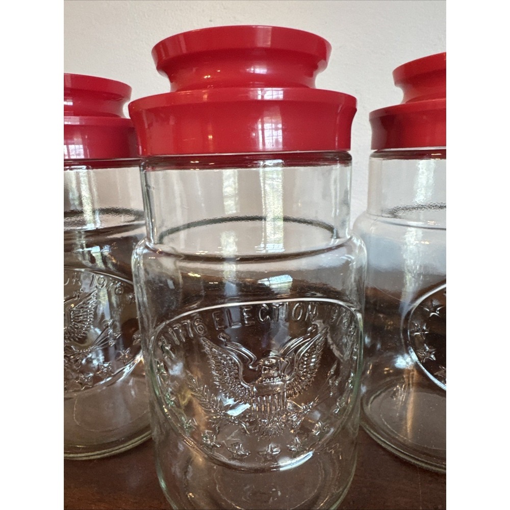 3 - 7.75" 1776 - 1976 Elections USA Bicentennial Glass Jar Canister Red Lid Flag - Picture 2 of 8